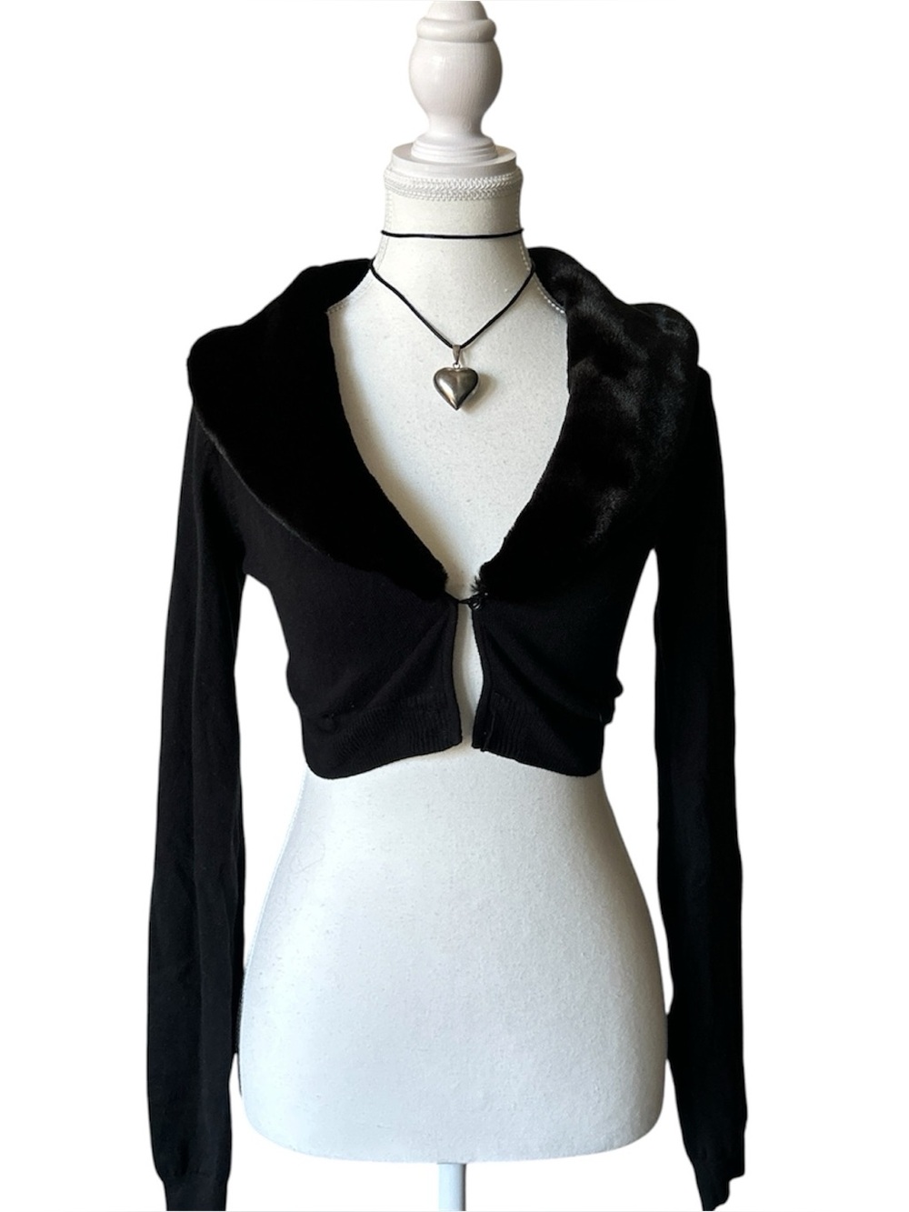 Y2K Goth “Code Bleu” Black Faux Fur Trim Cropped Button-up Cardigan